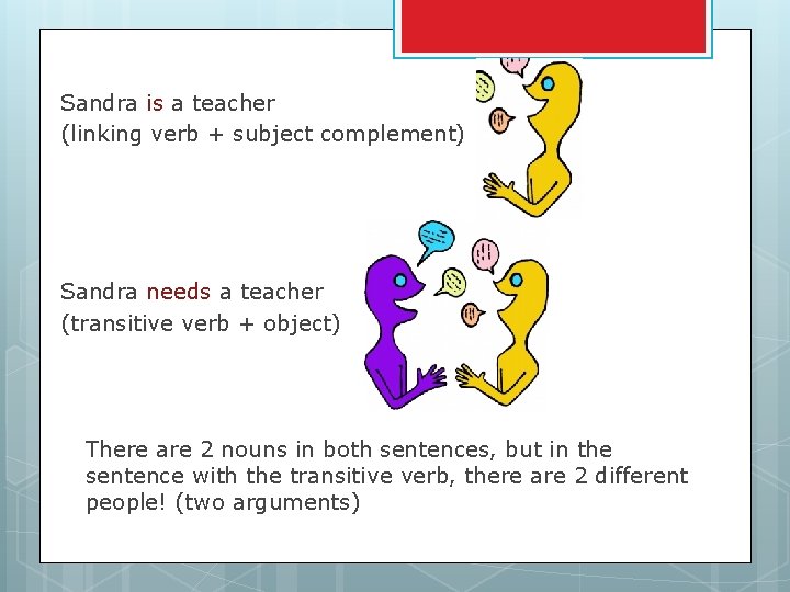 Sandra is a teacher (linking verb + subject complement) Sandra needs a teacher (transitive