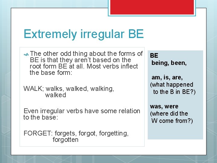 Extremely irregular BE The other odd thing about the forms of BE is that