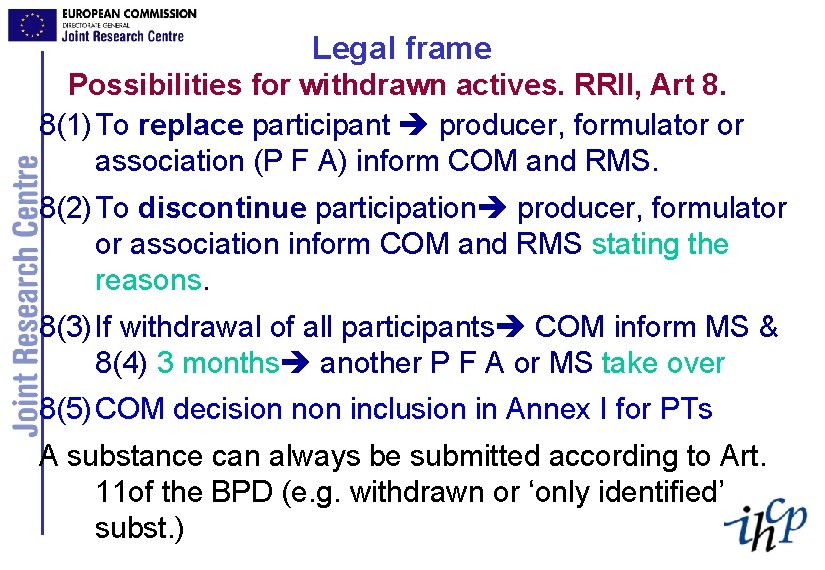 Legal frame Possibilities for withdrawn actives. RRII, Art 8. 8(1)To replace participant producer, formulator