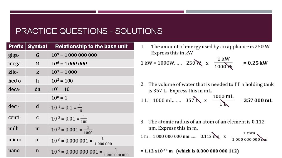 PRACTICE QUESTIONS - SOLUTIONS Prefix Symbol Relationship to the base unit giga- G 109 PRACTICE QUESTIONS - SOLUTIONS Prefix Symbol Relationship to the base unit giga- G 109