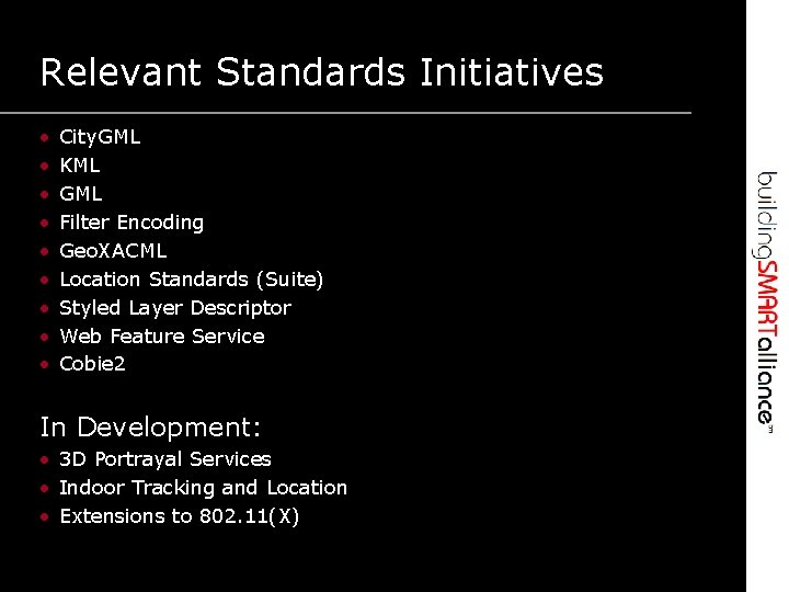 Relevant Standards Initiatives • • • City. GML KML GML Filter Encoding Geo. XACML