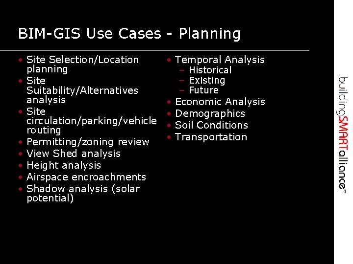 BIM-GIS Use Cases - Planning • Site Selection/Location planning • Site Suitability/Alternatives analysis •