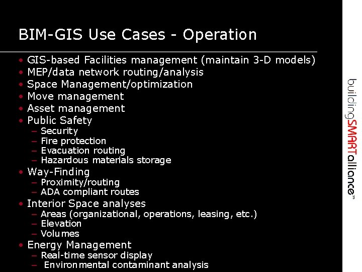 BIM-GIS Use Cases - Operation • • • GIS-based Facilities management (maintain 3 -D