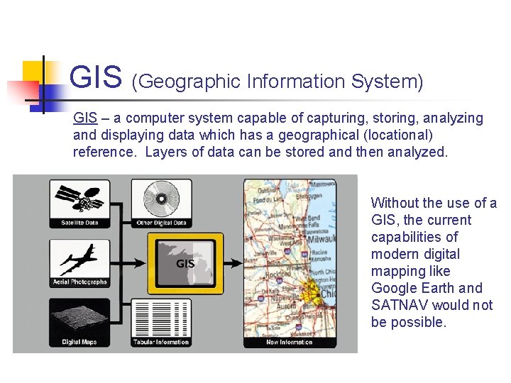 GIS (Geographic Information System) GIS – a computer system capable of capturing, storing, analyzing