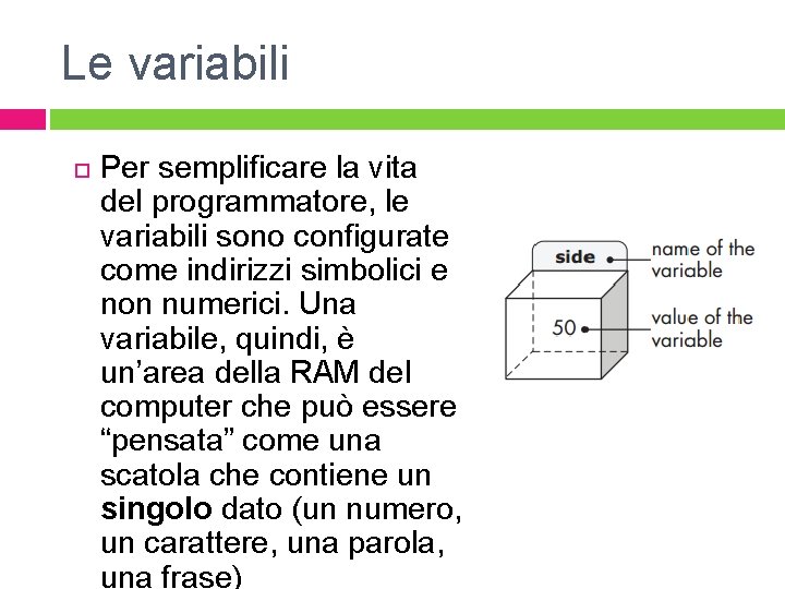 Le variabili Per semplificare la vita del programmatore, le variabili sono configurate come indirizzi