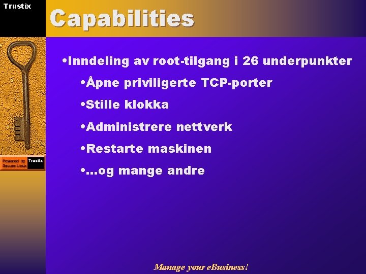 Trustix Capabilities • Inndeling av root-tilgang i 26 underpunkter • Åpne priviligerte TCP-porter •