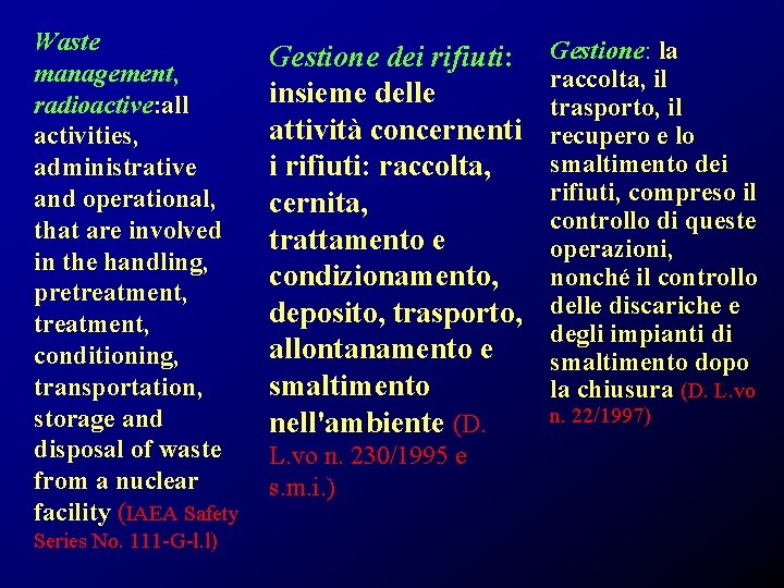 Waste management, radioactive: all activities, administrative and operational, that are involved in the handling,