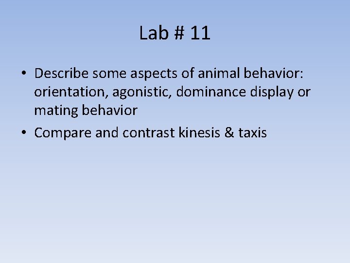 Lab # 11 • Describe some aspects of animal behavior: orientation, agonistic, dominance display
