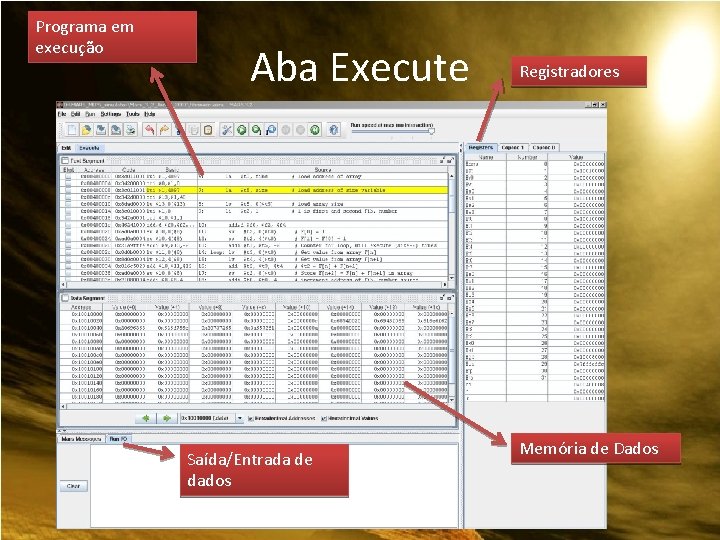 Programa em execução Aba Execute Saída/Entrada de dados Registradores Memória de Dados 