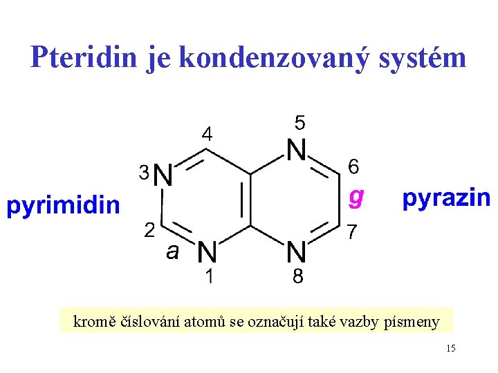 Pteridin je kondenzovaný systém kromě číslování atomů se označují také vazby písmeny 15 