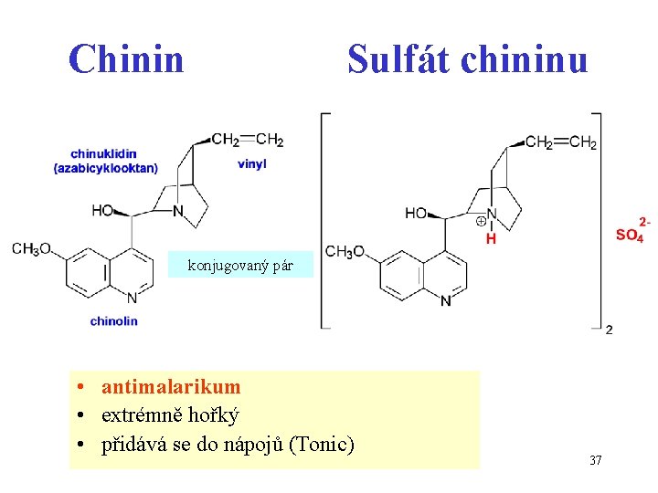 Chinin Sulfát chininu konjugovaný pár • antimalarikum • extrémně hořký • přidává se do
