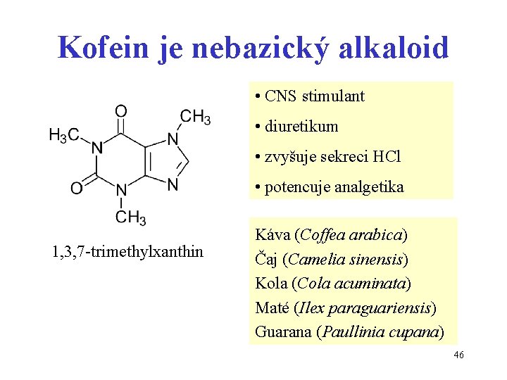 Kofein je nebazický alkaloid • CNS stimulant • diuretikum • zvyšuje sekreci HCl •