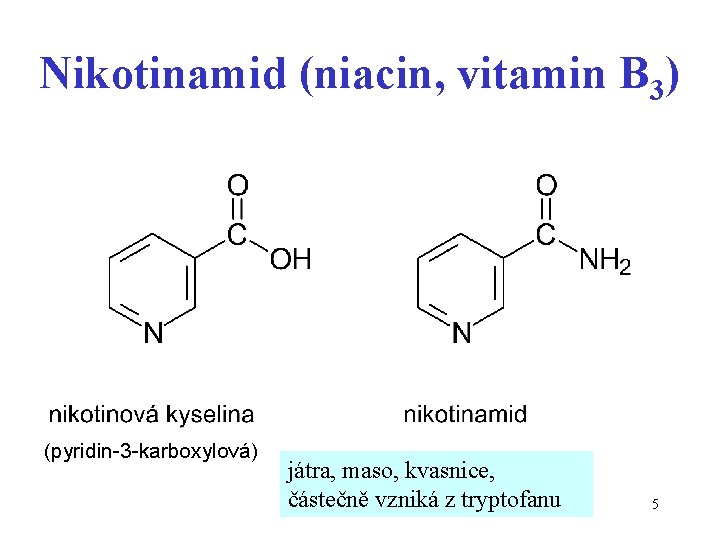 Nikotinamid (niacin, vitamin B 3) (pyridin-3 -karboxylová) játra, maso, kvasnice, částečně vzniká z tryptofanu