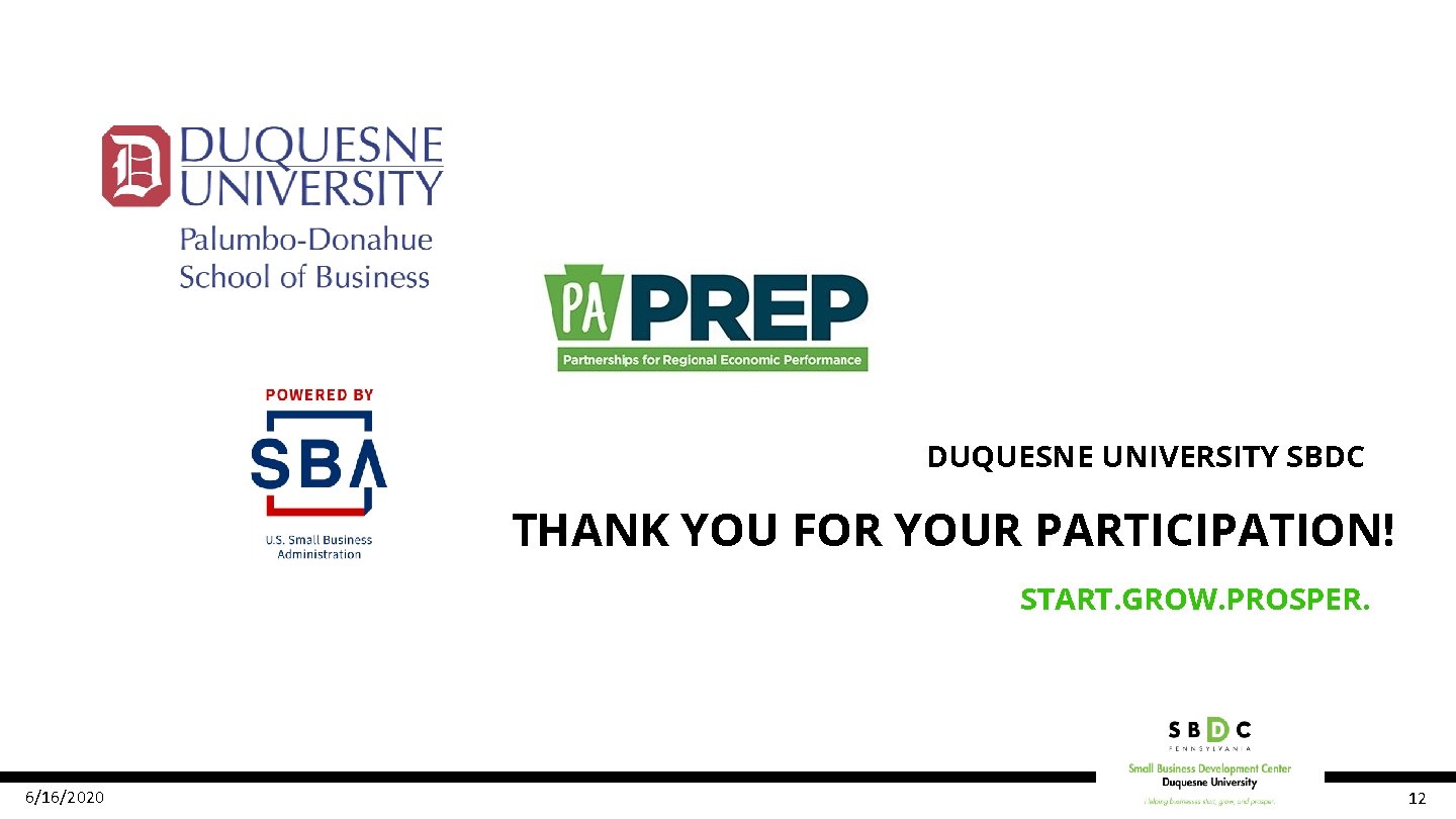 DUQUESNE UNIVERSITY SBDC THANK YOU FOR YOUR PARTICIPATION! START. GROW. PROSPER. 6/16/2020 12 