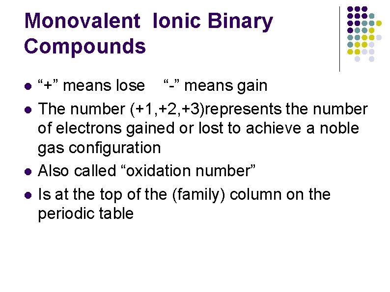 Monovalent Ionic Binary Compounds l l “+” means lose “-” means gain The number Monovalent Ionic Binary Compounds l l “+” means lose “-” means gain The number