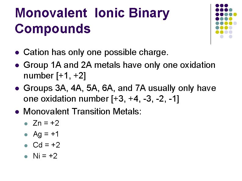 Monovalent Ionic Binary Compounds l l Cation has only one possible charge. Group 1 Monovalent Ionic Binary Compounds l l Cation has only one possible charge. Group 1
