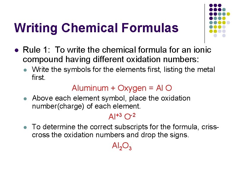 Writing Chemical Formulas l Rule 1: To write the chemical formula for an ionic Writing Chemical Formulas l Rule 1: To write the chemical formula for an ionic