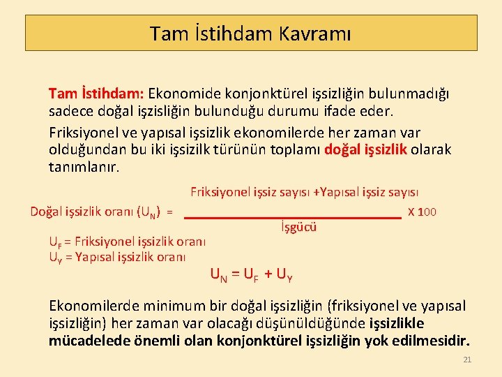 Tam İstihdam Kavramı Tam İstihdam: Ekonomide konjonktürel işsizliğin bulunmadığı sadece doğal işzisliğin bulunduğu durumu