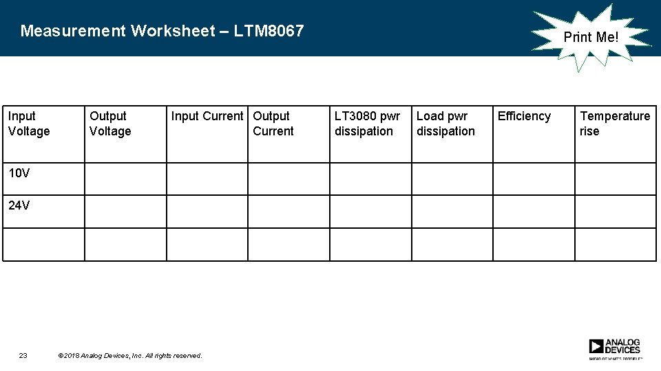 Measurement Worksheet – LTM 8067 Input Voltage Output Voltage Input Current Output Current 10