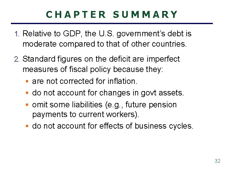 CHAPTER SUMMARY 1. Relative to GDP, the U. S. government’s debt is moderate compared