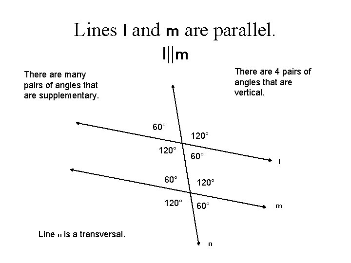 Lines l and m are parallel. l||m There are 4 pairs of angles that