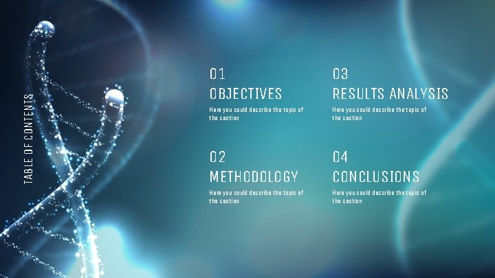 TABLE OF CONTENTS 01 OBJECTIVES 03 RESULTS ANALYSIS Here you could describe the topic