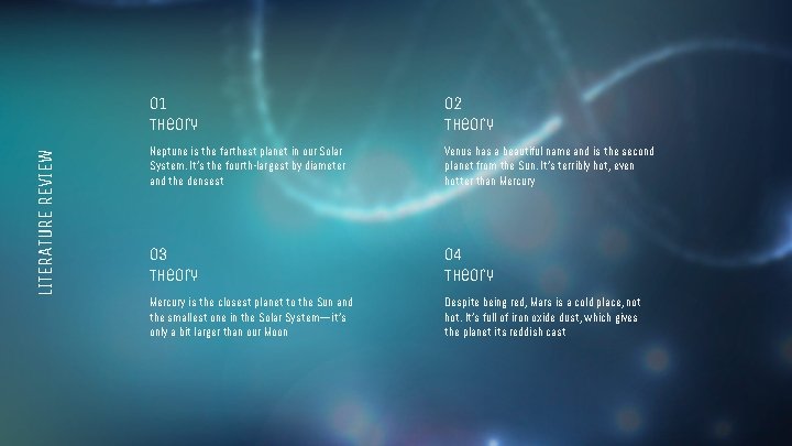 LITERATURE REVIEW 01 Theory 02 Theory Neptune is the farthest planet in our Solar