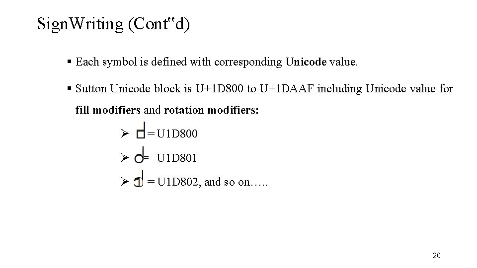 Sign. Writing (Cont‟d) Each symbol is defined with corresponding Unicode value. Sutton Unicode block