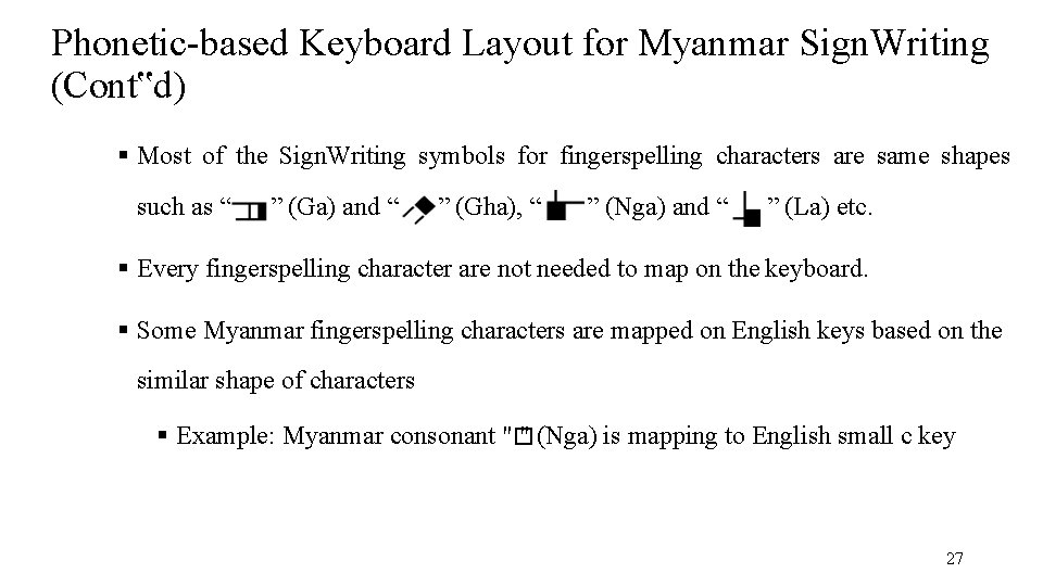 Phonetic-based Keyboard Layout for Myanmar Sign. Writing (Cont‟d) Most of the Sign. Writing symbols