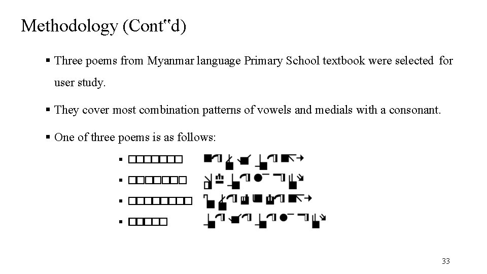 Methodology (Cont‟d) Three poems from Myanmar language Primary School textbook were selected for user