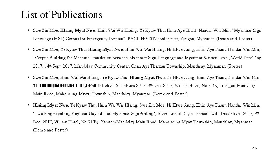 List of Publications • Swe Zin Moe, Hlaing Myat Nwe, Hnin Wai Hlaing, Ye