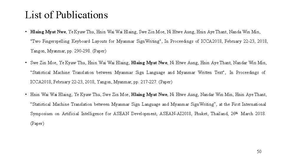 List of Publications • Hlaing Myat Nwe, Ye Kyaw Thu, Hnin Wai Hlaing, Swe