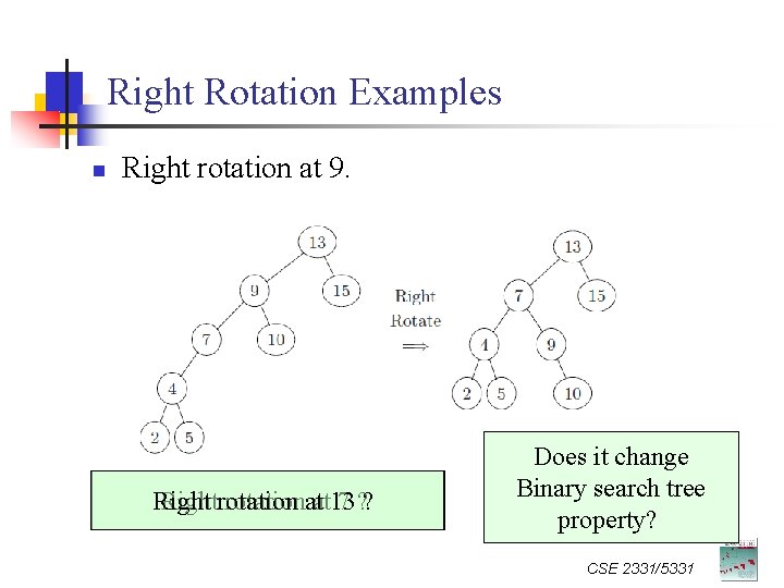 Right Rotation Examples n Right rotation at 9. Rightrotationatat 13 7 ? ? Does