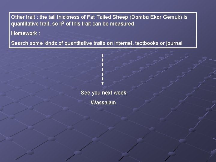 Other trait : the tail thickness of Fat Tailed Sheep (Domba Ekor Gemuk) is