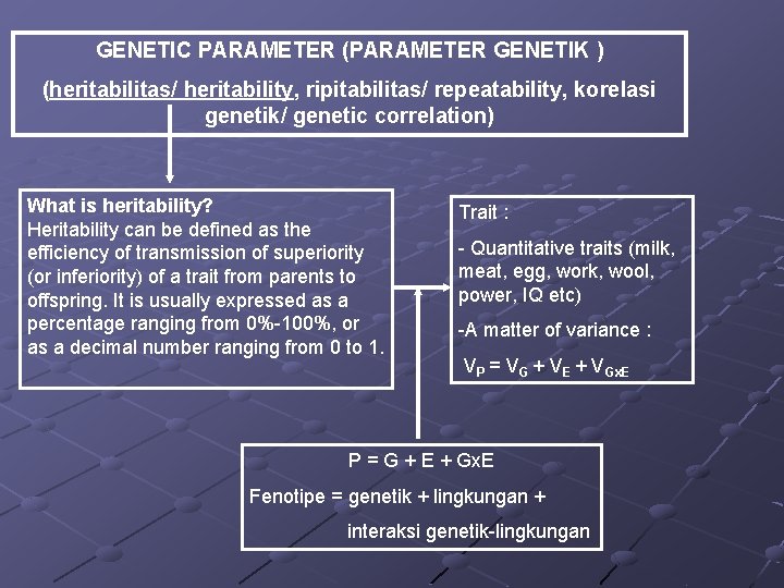 GENETIC PARAMETER (PARAMETER GENETIK ) (heritabilitas/ heritability, ripitabilitas/ repeatability, korelasi genetik/ genetic correlation) What