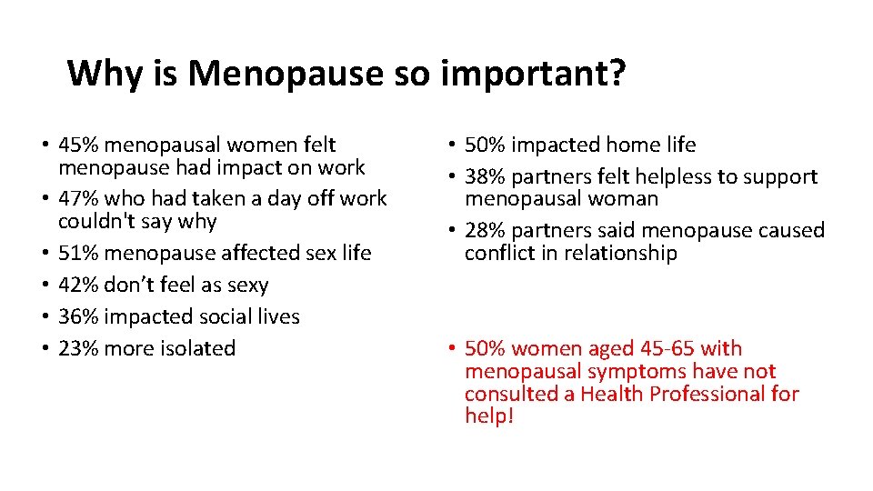 Why is Menopause so important? • 45% menopausal women felt menopause had impact on