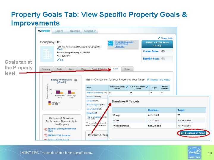 Property Goals Tab: View Specific Property Goals & Improvements Goals tab at the Property