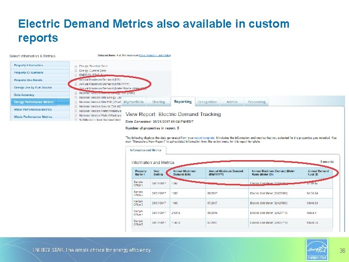 Electric Demand Metrics also available in custom reports 36 