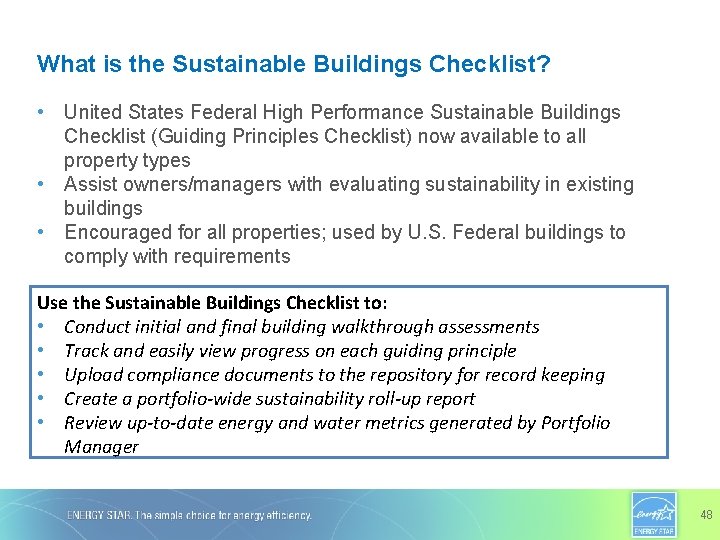 What is the Sustainable Buildings Checklist? • United States Federal High Performance Sustainable Buildings