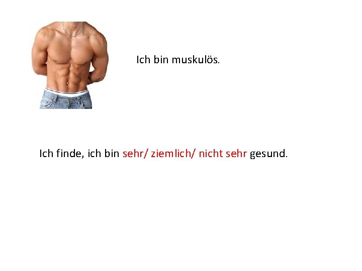 Ich bin muskulös. Ich finde, ich bin sehr/ ziemlich/ nicht sehr gesund. 