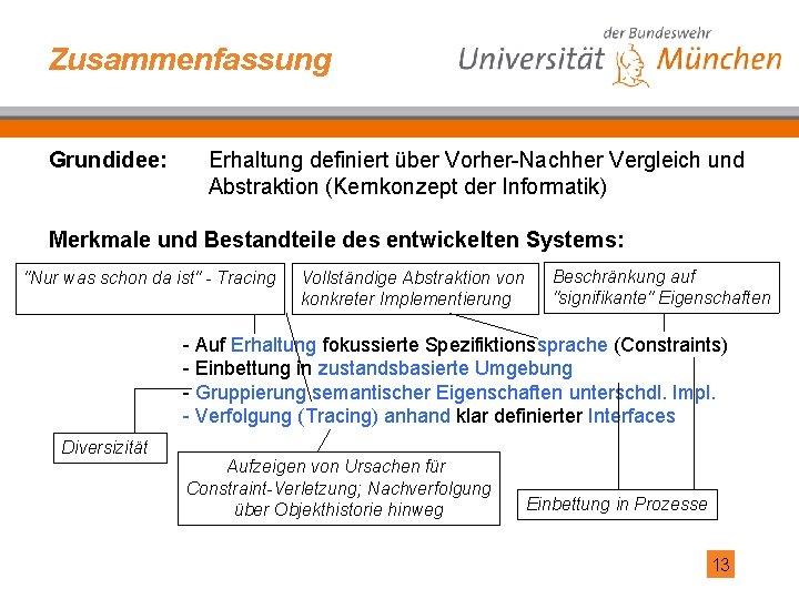 Zusammenfassung Grundidee: Erhaltung definiert über Vorher-Nachher Vergleich und Abstraktion (Kernkonzept der Informatik) Merkmale und