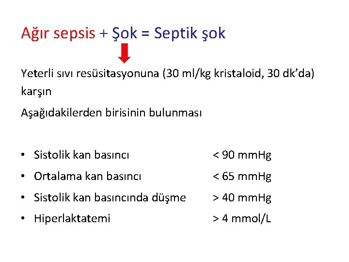 Ağır sepsis + Şok = Septik şok Yeterli sıvı resüsitasyonuna (30 ml/kg kristaloid, 30