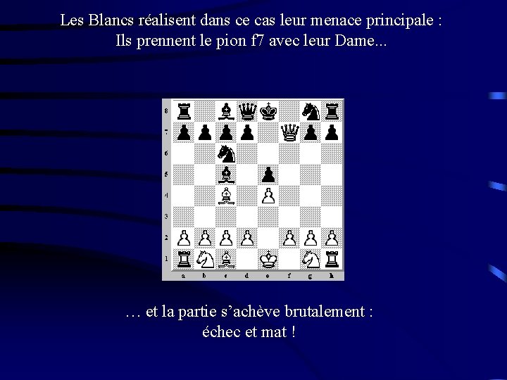 Les Blancs réalisent dans ce cas leur menace principale : Ils prennent le pion