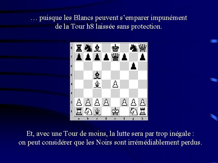 … puisque les Blancs peuvent s’emparer impunément de la Tour h 8 laissée sans