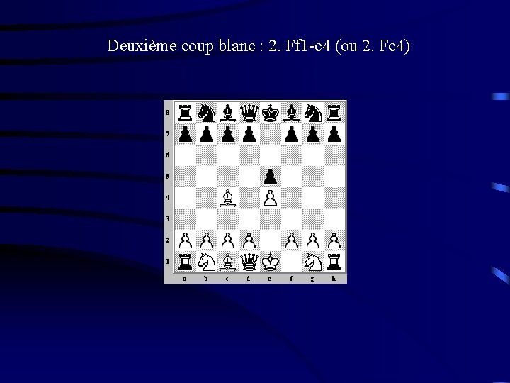 Deuxième coup blanc : 2. Ff 1 -c 4 (ou 2. Fc 4) 