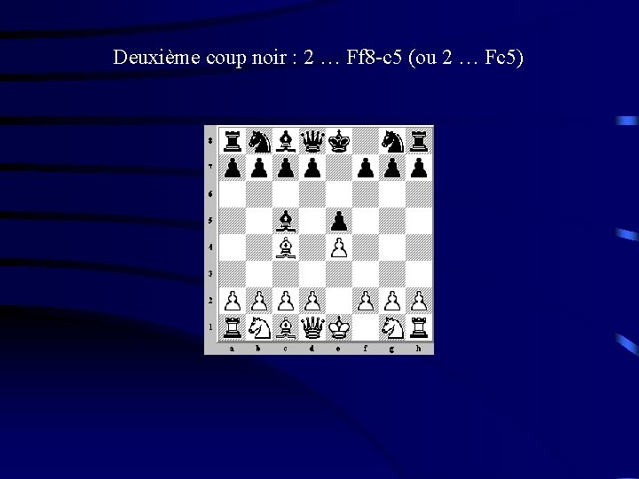 Deuxième coup noir : 2 … Ff 8 -c 5 (ou 2 … Fc