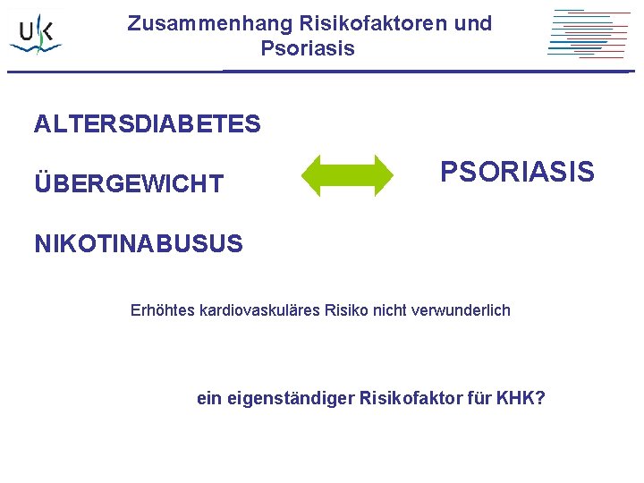 Zusammenhang Risikofaktoren und Psoriasis ALTERSDIABETES ÜBERGEWICHT PSORIASIS NIKOTINABUSUS Erhöhtes kardiovaskuläres Risiko nicht verwunderlich ein