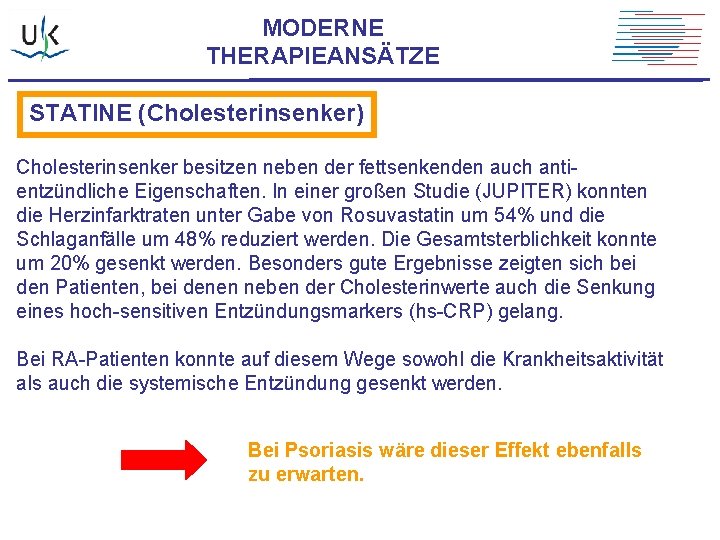 MODERNE THERAPIEANSÄTZE STATINE (Cholesterinsenker) Cholesterinsenker besitzen neben der fettsenkenden auch antientzündliche Eigenschaften. In einer