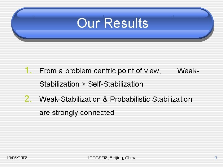 Our Results 1. From a problem centric point of view, Weak- Stabilization > Self-Stabilization