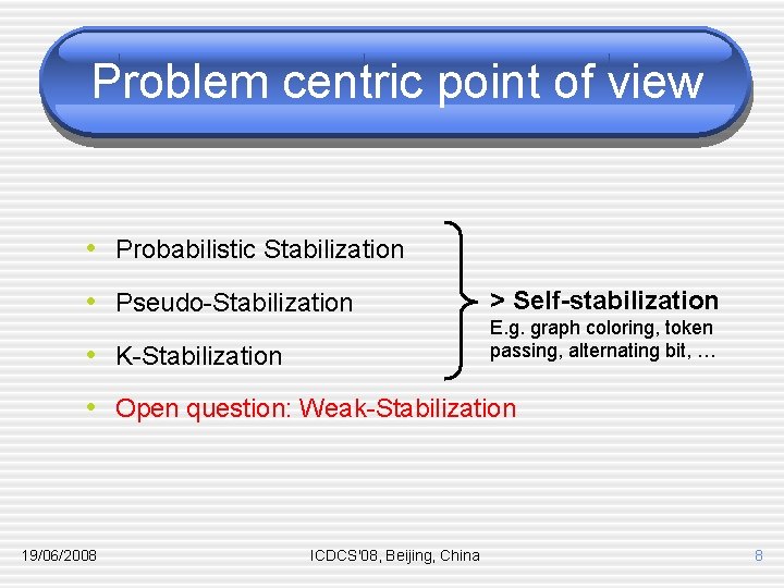 Problem centric point of view • Probabilistic Stabilization • Pseudo-Stabilization • K-Stabilization > Self-stabilization